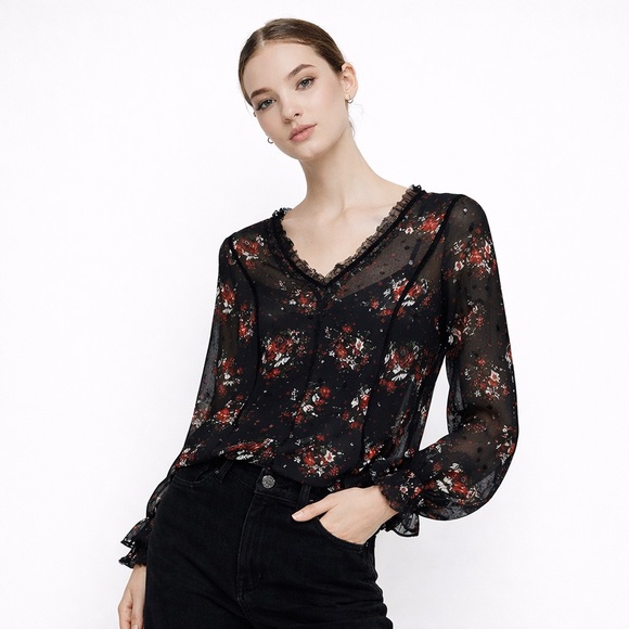 ZARA ♥️ Floral Black Sheer Top - Picture 3 of 11